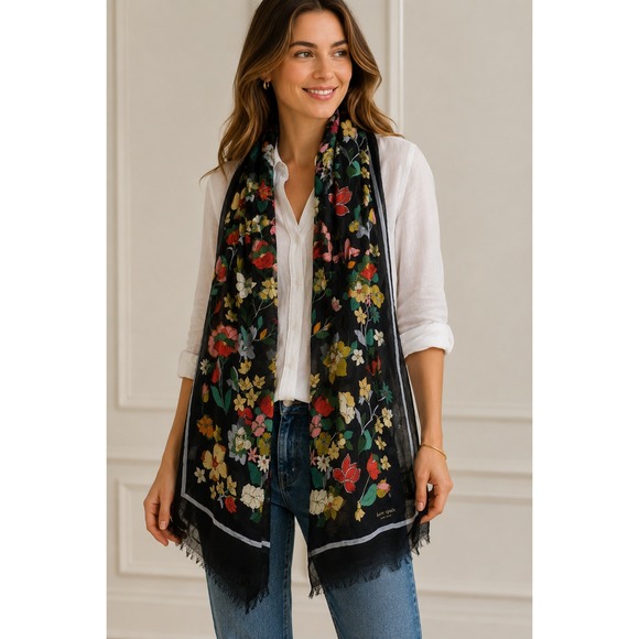 Kate Spade New York Accessories - Kate Spade Floral Scarf Oblong Wrap Black Sheer Lightweight Colorful